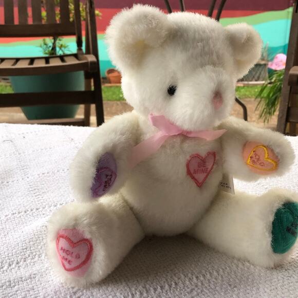VTG Oriental Trading Co Valentine Bear Plush Poseable Conversation Hearts Rare - Picture 2 of 8